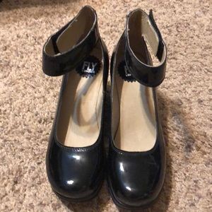 FLY London ankle wrap, open wedge heels. Sz 37.